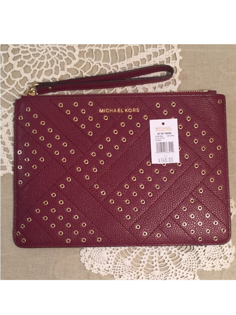 Michael Kors Mulberry Jet Set Travel XL Zip Clutch Grommets Industrial Chic
